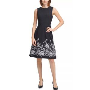 Calvin Klein Floral Embroidered Cocktail Dress Black A-Line Knee Length Womens 4